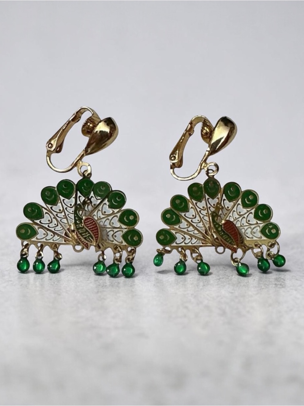 Peacock Jade Green White & Gold Feathered Clip On Earrings